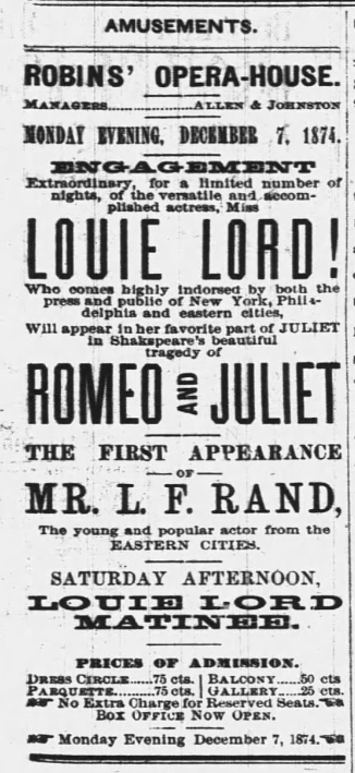 An announcement of Louie Lord's performance, from the 6 Dec 1874 in the Daily Arkansas Gazette, Little Rock, AR.